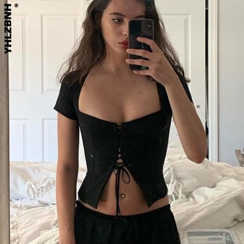 YHLZBNH Chic Fashion Square Collar Lace Up Top and Blouse for Women Short Sleeve Summer Top Blouses Elegant Vintage