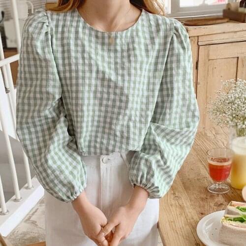 Shirts Sweet Puff Sleeve Tops Female 2021 Summer Vintage Plaid Womens Blouses Loose Casual Square Collar Women Korean Chic