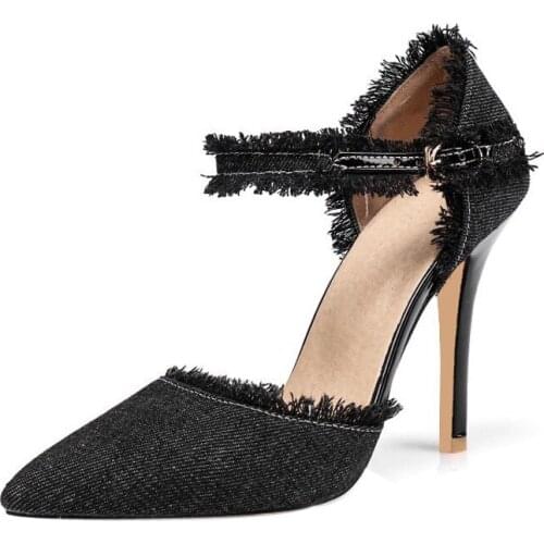Women Denim Sandals Stiletto High Heel Shoes Woman Ankle Strap Pointed Toe Sandals Pumps Summer Womens Shoes XKD4152