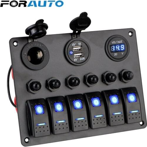 DC 12V/24V Car Marine Circuit LED Breaker 6 Gang Rocker Switch Panel Digital Voltmeter Dual USB Ports Aluminum Panel