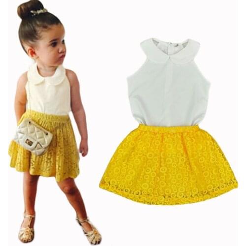 DFXD New Arrival Baby Girls Clothing Princess White Sleevelss Doll Collar Vest Shirt+Yellow Lace Skirt Children Clothing Sets