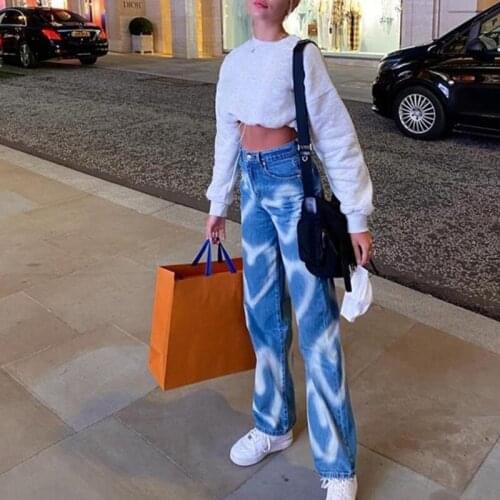 Women High Waist Straight Leg Baggy Jeans Heart Graffiti Print Denim Long Pants Harajuku Hip Hop Loose 90s Trousers