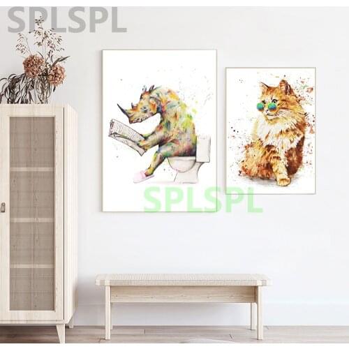 Cat With Glasses Watercolor Art Print Rhino on Toilet Canvas Painting Unique Poster Animals Wall Pictures Ideal Gift Home Decor