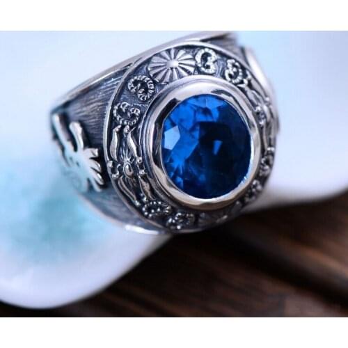 100%925 sterling silver totem synthetic blue crystal male character ring