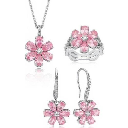 Valori Jewels Magnolia Flower Set , 6 Ct Zircon Pink Pear Gemstone , Rhodium Plated ,925 Silver, Fine Jewelry