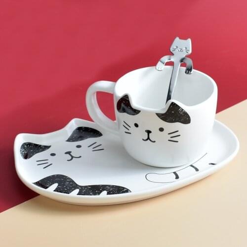 Cute Cat Ceramics Coffee Mug Set Handgrip Animal Mugs With Tray Creative Drinkware Coffee Tea Cups Novelty Milk Cup Breakfast