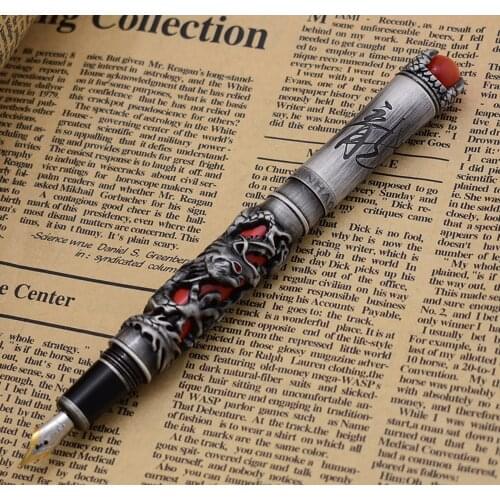 New Jinhao Dragon King Vintage Fountain Pen, Unique Metal Embossing Hi-tech, Gray & Red Color Business Office Home Supplies