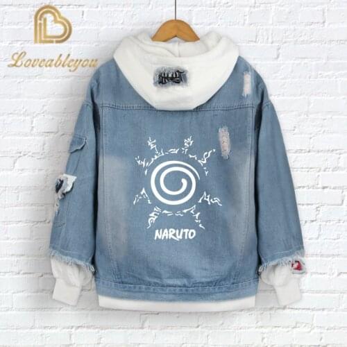 2020 New Anime Naruto Red Cloud Jeans Hooded Jacket Mens and Womens Casual Loose Denim False Two-Piece Unisex Jackets