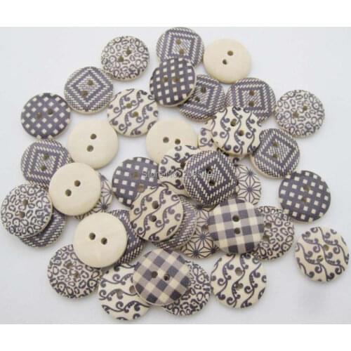 WBNNOV Dia 18mm printed black pattern garment buttons wooden mix 120pcs randomly DIY sewing craft button scrapbook