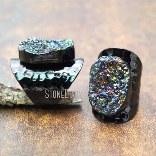 5Pcs Fashion Gun Black Plated Free Form Ring Titanium Rainbow Druzy Crystal Ring For Sale Adjustable RM15314