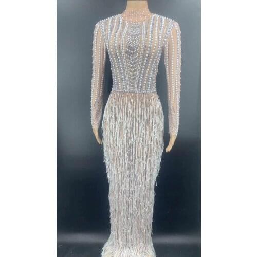 Silver Rhinestone Pearl Fringe Long Dress Birthday Celebrate Transparent Outfit Women Dancer Prom Club Dress