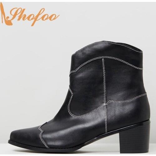 Shofoo Black Chunky Heels Ankle Boots Woman Pointed Toe Zipper Large Size 13 15 Ladies Casual Shoes Footwear Fashion Sewing