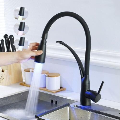 Black LED Kitchen Faucets 360 Degree Rotation Water Filter Tap Water Faucets Solid Brass Sink Tap Water Mixer Led Faucet