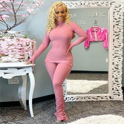 Knitted Ribeed Two Piece Set Women Winter Clothes Long Sleeve Turtleneck Top and Stacked Pants Loungewear Matching Sets Outfits