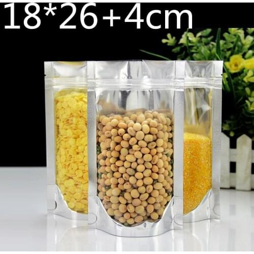 100pcs 18x26+4cm Stand up Clear Plastic Aluminum Foil Package Packing Mylar Bag Self Sealing ZIpper Zip Lock Packaging Bag