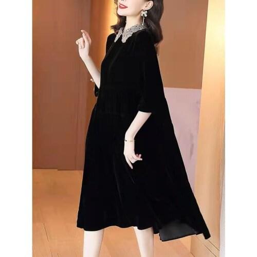 2021 Spring Women Luxury Golden Velvet Burnt Dress Black Temperament Loose Ladies Dresses Hollow Out Vintage Clothes Plus Size