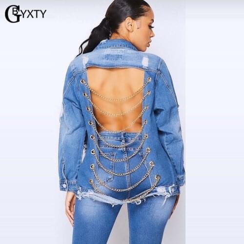 GBTXTY Sexy Back Chains Hollow Out Long Denim Jacket Plus Size 3XL Women Backless Ripped Hole Jeans Jacket Streetwear Coat ZL955