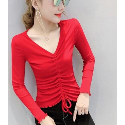 #8604 Black Green Purple Red Stretch Mesh T Shirt Women V Neck Drawstring Sexy Thin Skinny See Through T Shirt Long Sleeves