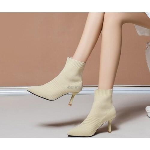 Women Boots Autumn Sexy Pointed Toe Ladies Mid-calf Boots Comfort Stretch Fabric High Heels 2021 Knitted Sock Boots Female Shoes