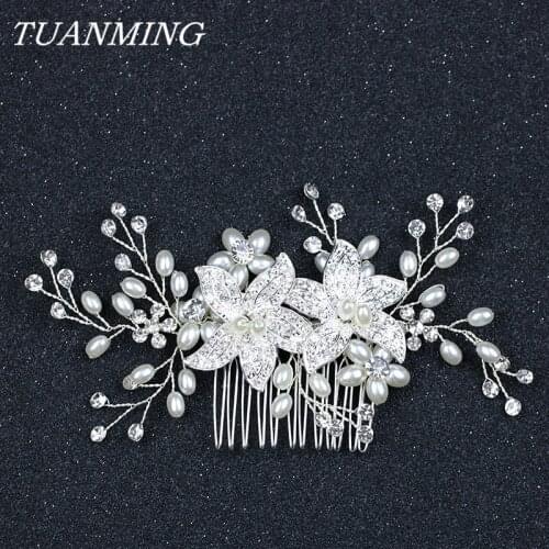 Ladies Hair Combs With Crystal Flower Bride Pearl Hair Combs Silver Color Headdress Wedding Women Hair Accessories