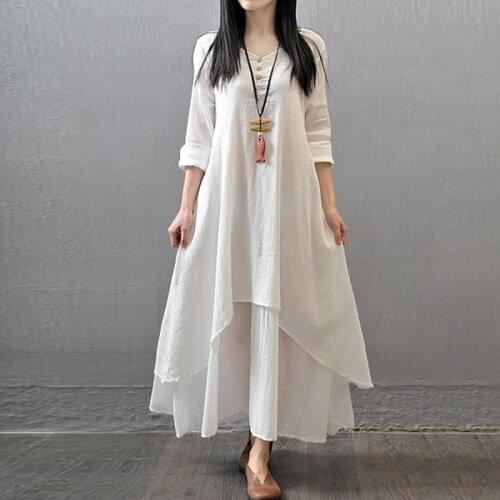 Autumn Retro Linen Female Dress New Ethnic Simple Large Size Loose Lady Fake 2 pieces Dress Double Layer Button V Neck Vestidos