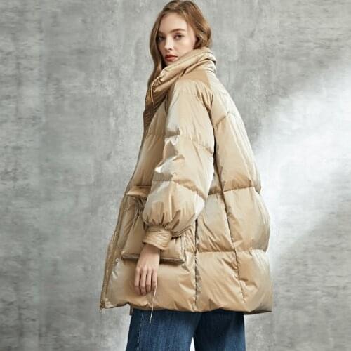 Winter Glossy Shiny Golden Long White Goose Down Coats Female Big Pockets Design Fluffy Warm Coats Waterproof Parkas F2609