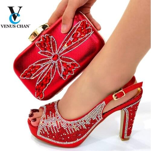 2021 INS New Design Hot Selling in Red Color African Lady Shoes and Bag Set Comfortable Heels Italian Women Shoes and Bag Set