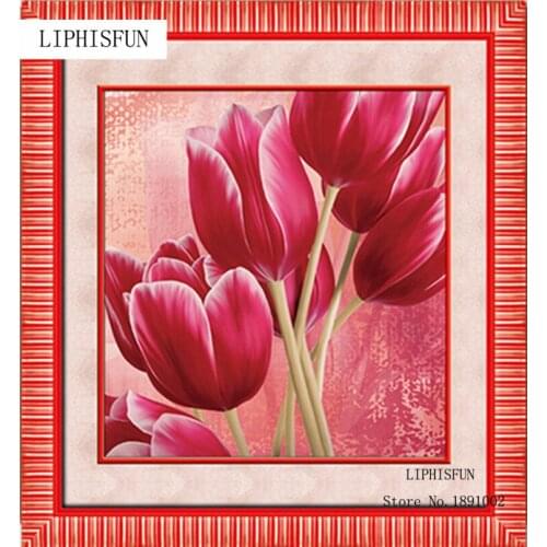 5D Diy Diamond Painting Full Drill Resin Square Rhinestones Embroidery Red Tulip Flower Cross Stitch Needlework Home Decor