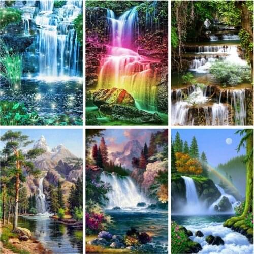 Huacan 5d Diamond Embroidery Complete Kit Waterfall Mosaic Diamond Painting Full Square Landscape Picture Of Rhinestones