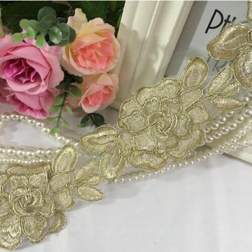 Free-shipping 1Yard 6cm Wide Gold Royal rose Fabric lace Pretty Flower Venise Lace Trim Applique Sewing Craft SC058