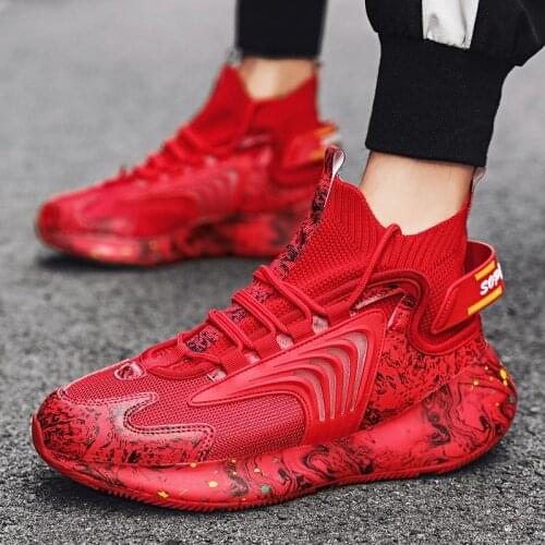 Big Size Hightop Rubber Sole Mens Sports Shoes Male Sneakers Man Running Shoes Sport Men Red Knitting Athletic Tennis Gym B-664