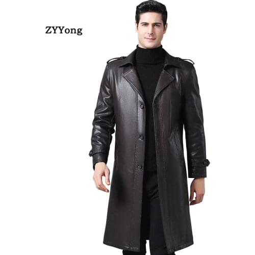 2020 New Luxury Plus Velvet Trench Leather Coat Mens Single breasted Business Casual Leather Jacket Male Black Brown Long Coat