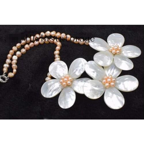 FRESHWATER PEARL pink &white shell flower 60mm necklace 18"