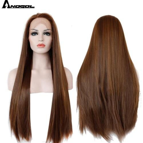 Anogol Dark Brown Lace Front Wig Natural Long Straight Glueless Synthetic High Temperature Heat Resistant Fiber Hair Women Wigs