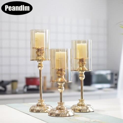 PEANDIM Gold Pillar Candle Holder With Glass Cover For Home Decor Wedding Candlestick Candle Stand Nordic Decorative Candelabros