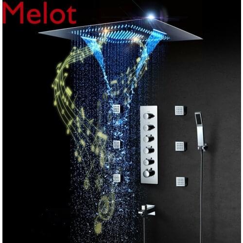 Luxury Music LED Shower System Set Bathroom 800*600mm Rain ShowerHeads Thermostatic Faucets Brass Concealed Mixer Chrome