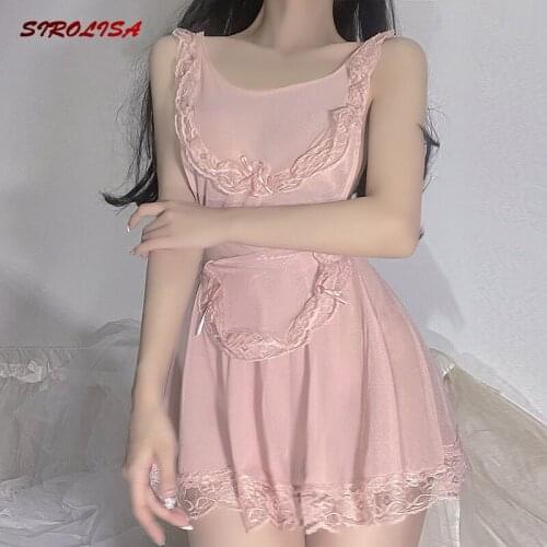 Sexy Transparent Cosplay Maid Costume Sleepwear For Women Erotic Apparel Lace Lingerie Set Cute Nightgown Porno Outfit