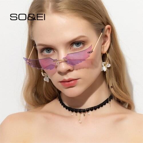 SO&EI Unique Cat Eye Bat Wing Shape Sunglasses Women Men Rimless Brand Designer Vintage Metal Eyewear Mirror Sun Glasses Goggles