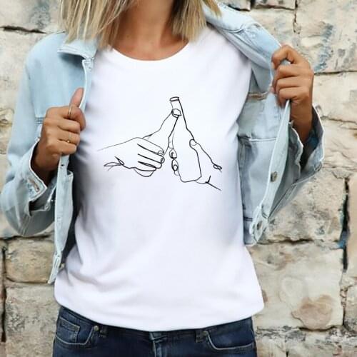 Wine Bottle Cheers Trendy Women T-shirt Stylish Cartoon Pattern Cloth T Shirt Simple Casual O-neck Short Sleeve Lady White Tee