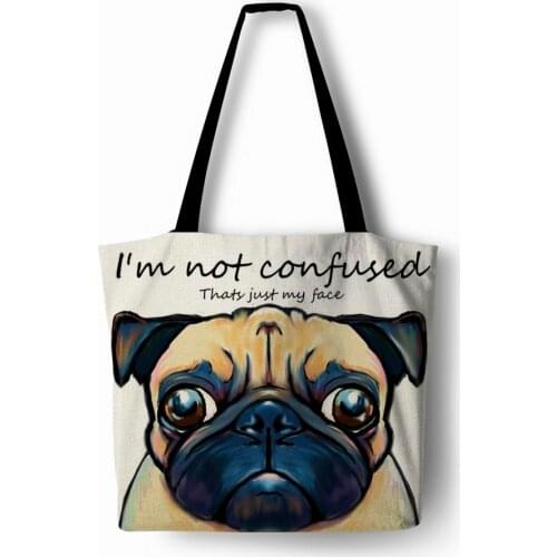 Customized colorful dogs printing Handbag Linen polyester women shopping Tote Home Storage with Casual Traveling Beach Bag