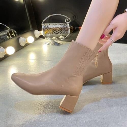 Hot Sale Winter Shoes Women High Heels Ankle Boots 2021 Autumn New Genuine Leather Women Boots Elegant Comfort Chunky Heel Shoes