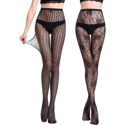 Female Leaf Lotus Pattern Stockings Sexy Stretch Stocking Black Shaping Pantyhose Fishnet Tights Print Breathable Mesh Stockings