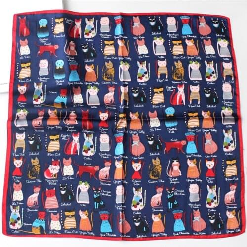 POBING 100% Pure Silk Scarf Women Cat Print Square Scarves Wraps Silk Foulards Head Neckerchief Hijab Bandana Bufandas 53X53CM