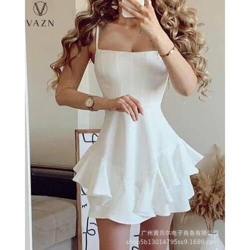 VAZN 2021 Hot Popular White Sexy Fresh Clear Daily Young Joker Spaghetti Strap Sleeveless Women High Waist A-Line Mini Dress