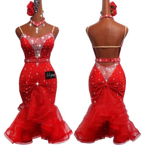Latest Latin Dance Dress Female Rhinestone Dress Fish Bone Skirt Red Salsa Dress Dancing Competition Costume Latin Dress BL2538