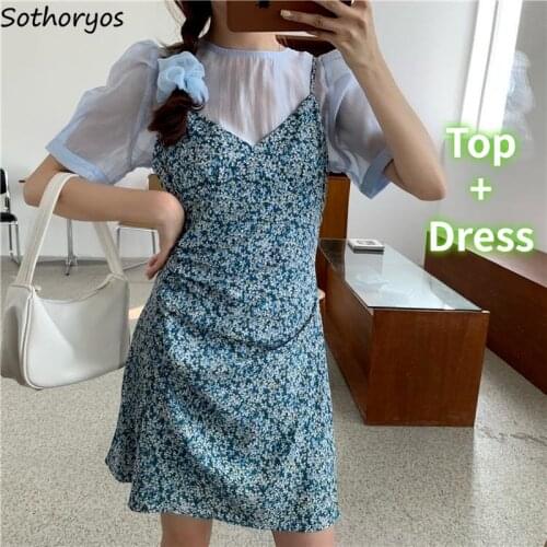 Women Dress Sets Short Puff Sleeve Chiffon Tops Preppy Girls Summer Floral Spaghetti Strap Dresses Gentle Sweet Retro Slim Ins