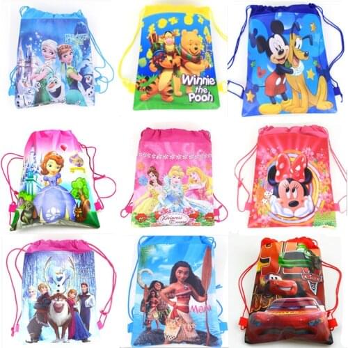 Disney Frozen Cars Minnie Mickey Mouse Winnie Princess Sofia Moana Non-woven Fabrics Drawstring Backpack Shopping bag
