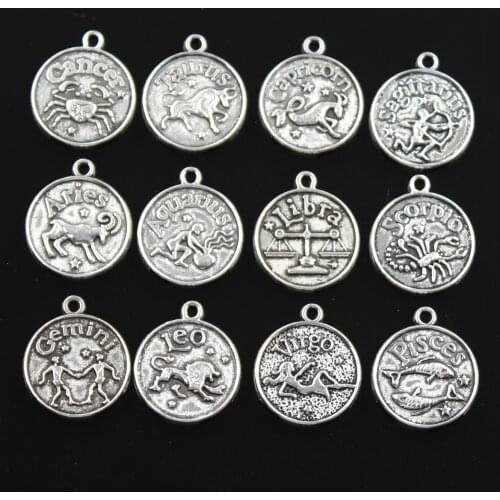12pcs Charms Zodiac Aries Pisces Gemini Taurus Cancer Vigro Scorpio Leo Libra 20x17mm Silver Color Pendants DIY Making Jewelry