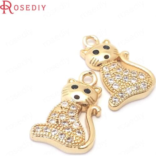 38874)6PCS 24K Champagne Gold Color Brass and Zircon Cat Charms Pendants Jewelry Making Supplies Diy Findings Accessories