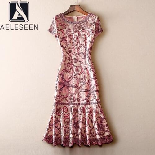 AELESEEN Oversize Summer Dress 2021 High Quality Luxury Sequined Flower Embrooidery Ruffles Elegant Party Holiday Dress